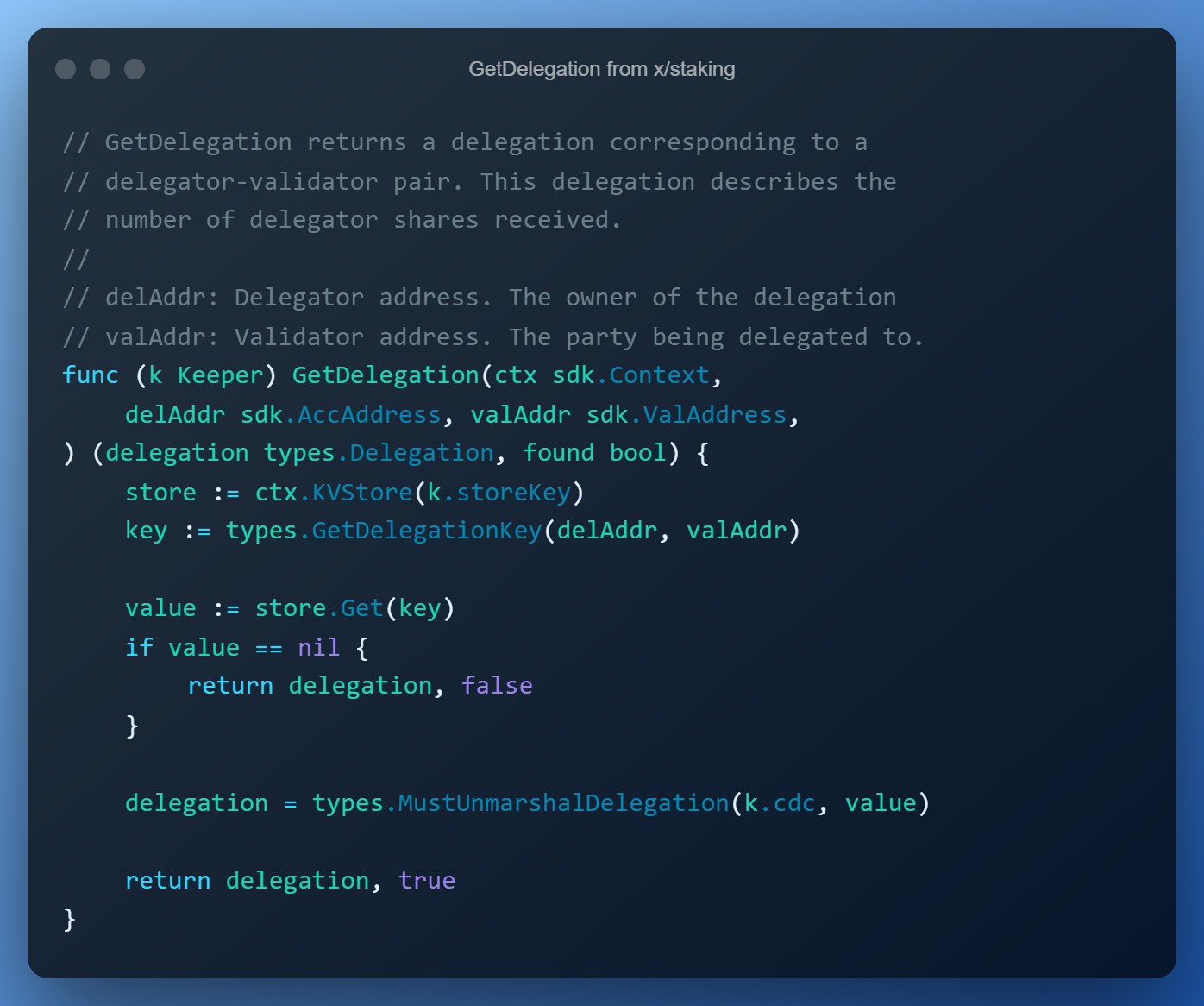 Function for reading one item from the delegations store in the x/staking module