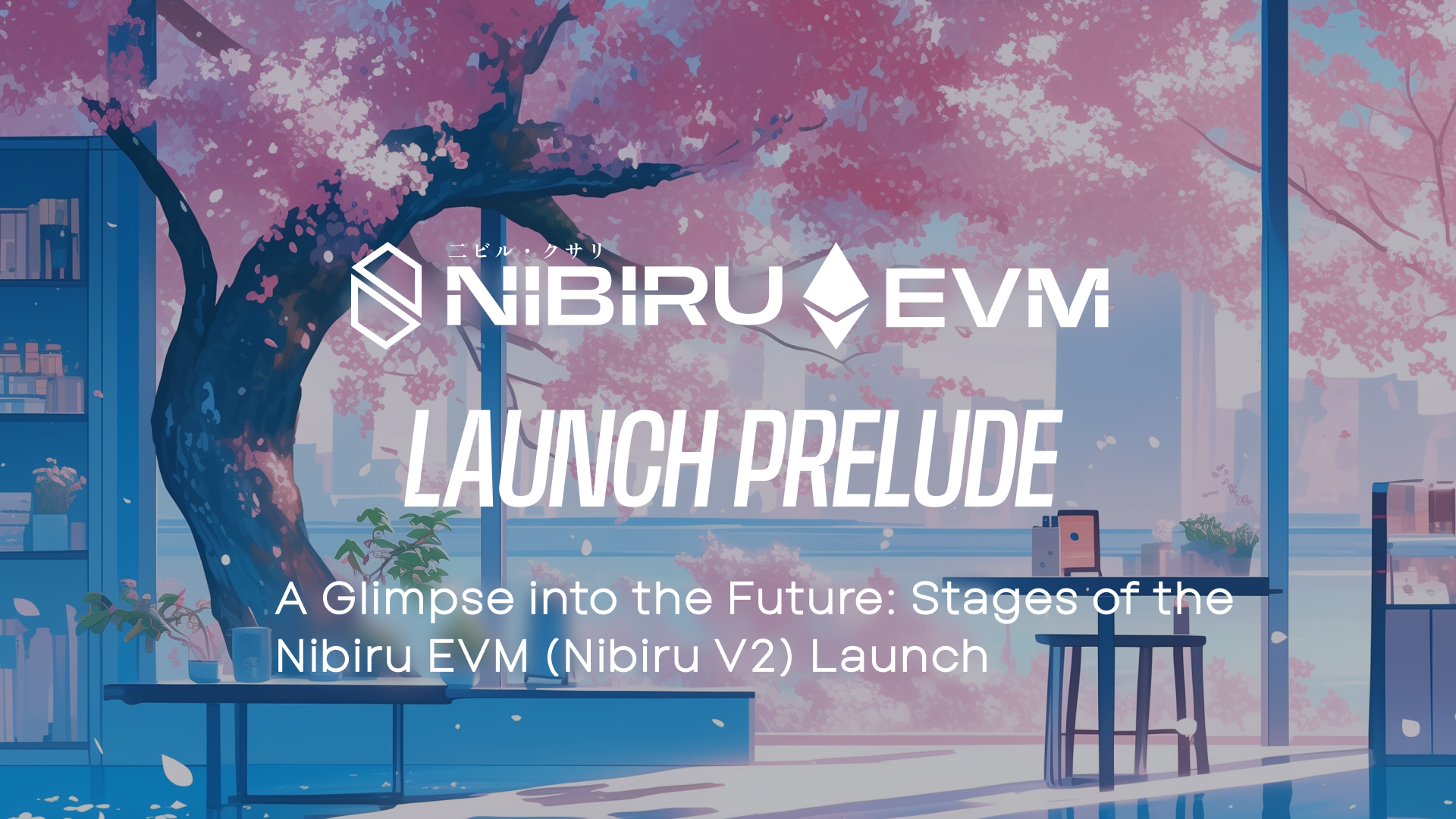 Cover Graphic for blog on Nibiru EVM (Nibiru V2) Launch. Glimpse into the Future: Launch Prelude. Stages of the Nibiru EVM Launch.